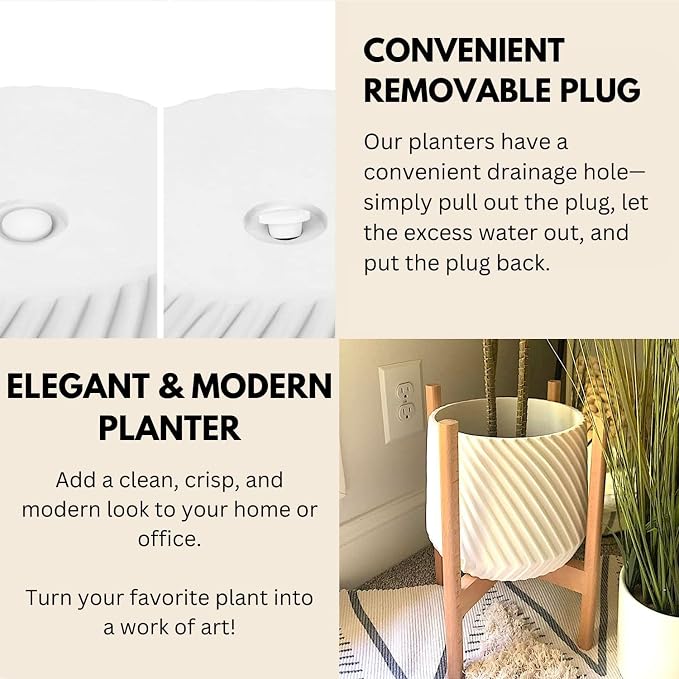Fox & Fern Large Indoor Planter, Modern Large Plant Pot for Indoor or Outdoor, UV and Frost Resistant - 12 Inch, Polystone, Matte White Flower Pot with Drainage Plug, 3D Printed Design