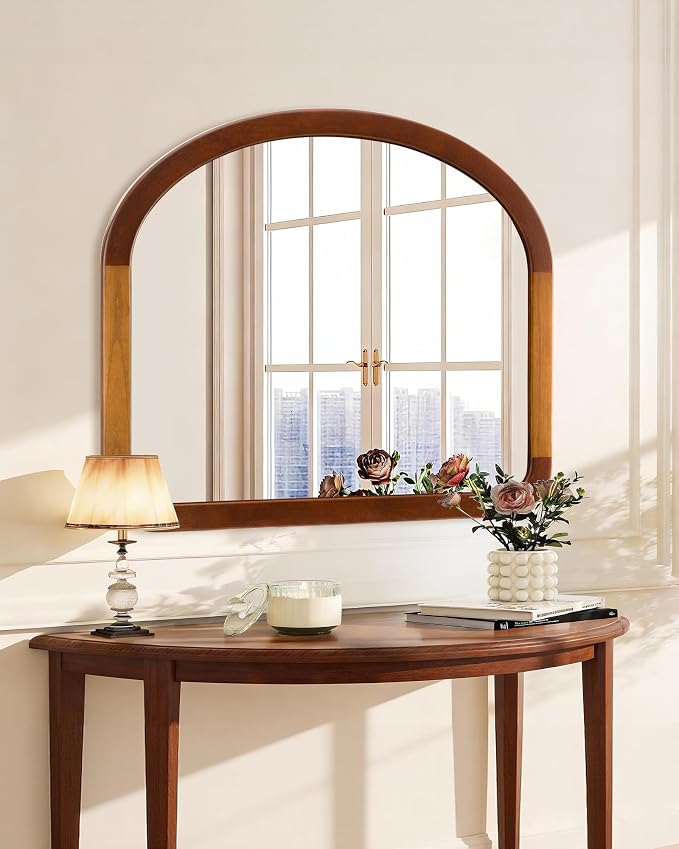 Arched Mirror 34 x 29 Inch,Brown Wood Rustic Bathroom Tempered Wall Mirror with Wood Frame,Round Corner Arch Farmhouse Wooden Vanity Mirror for Living Room,Entryway or Bedroom（Walnut Brown）