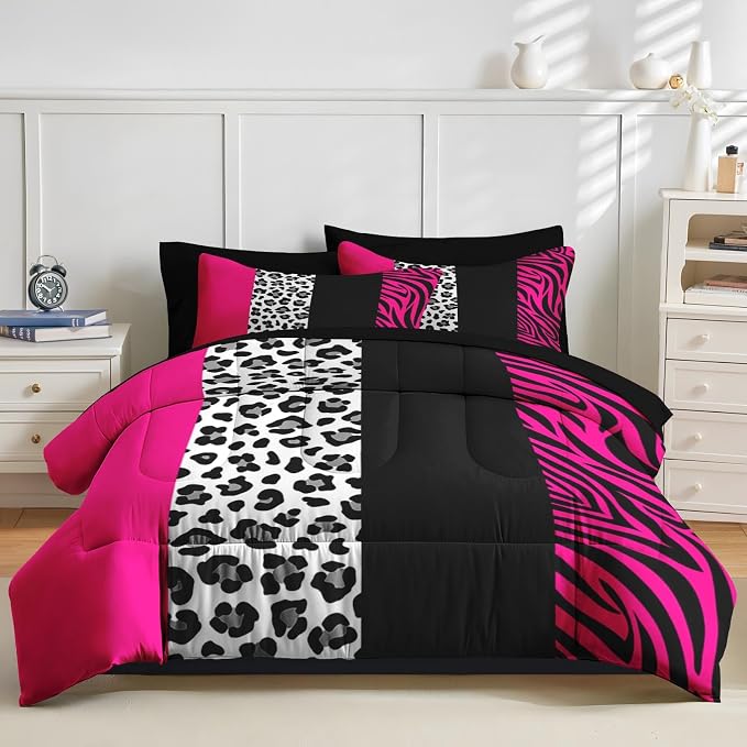 Nesker Comforter Set King Size, Leopard Color Block Pink 7 Pcs Bedding for Kids and Adults, Wild Zebra Print Bed Sheet Sets with Fitted Sheet 2 Pillowcases & 2 Shams