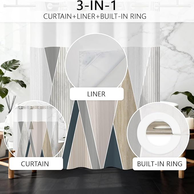 No Hook Shower Curtain with Snap in Liner - Modern Geometric Wood-Textured Pattern, Neutral Shower Curtains with See Through Mesh Top Window, Gray Beige Waterproof Cloth Fabric, 71x74 Inch