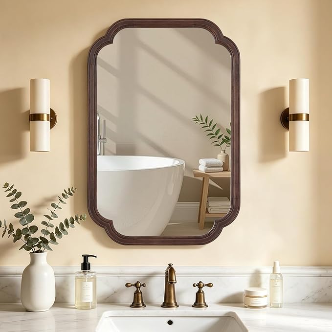 HOMECOOKIN Wood Bathroom Mirror for Wall Decor Arched Rounded Corner Rustic Wood Frame Wall Mirror Home Decorative for Vanity, Living Room, Bedroom, Entryway (20 x 30 inch, Walnut)
