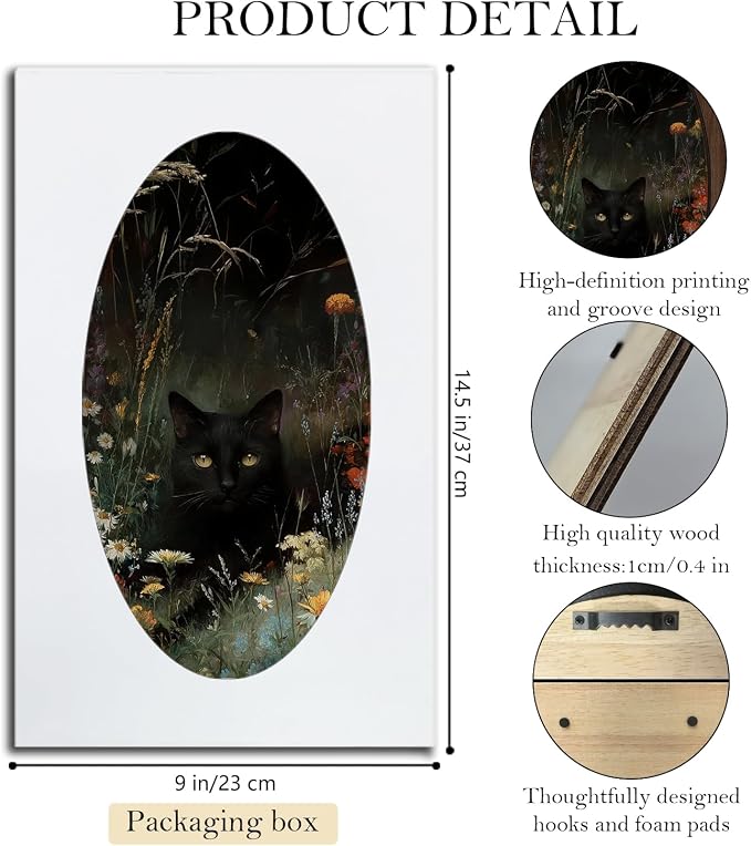UYIKG Vintage Black Cat Floral Oval Wall Art,Rustic Farmhouse Cottagecore Oval Wall Decor,Farmhouse Country Wooden Framed Decor for Home Bedroom Living Room Reading Room 9x14.6 in