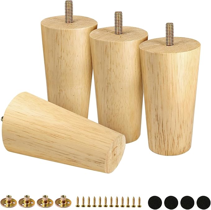FoDau770 Rubber Wood Furniture Legs 4 Inches, Straight Tapered Wood Feet Mid Century Sofa Legs Set of 4, 5/16" UNC Furniture Feet Replacement Parts for Cabinet Couch Dresser Chair Ottoman Table