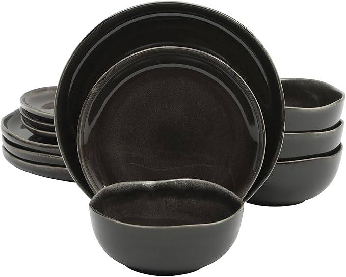 Gibson Elite Nardini 12 Piece (Service for 4) Plates and Bowls Reactive Glaze Dishes Stoneware Ceramic Dinnerware Set - Black