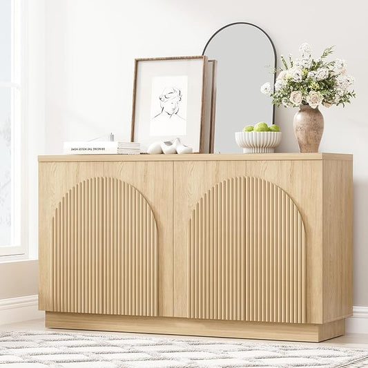 Yechen Accent Fluted Sideboard Buffet Cabinet with Arched Reeded Doors, Mid Century Modern Credenza Storage with Adjustable Shelves, Media Console Table for Living Room, Kitchen, Entryway, or Hallway