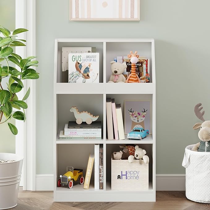 6-Cube Wooden Storage Bookcase - 11-Inch Open Shelf Cabinet, Simple Modern Bookshelf Organizer for Home Office, Living Room, White