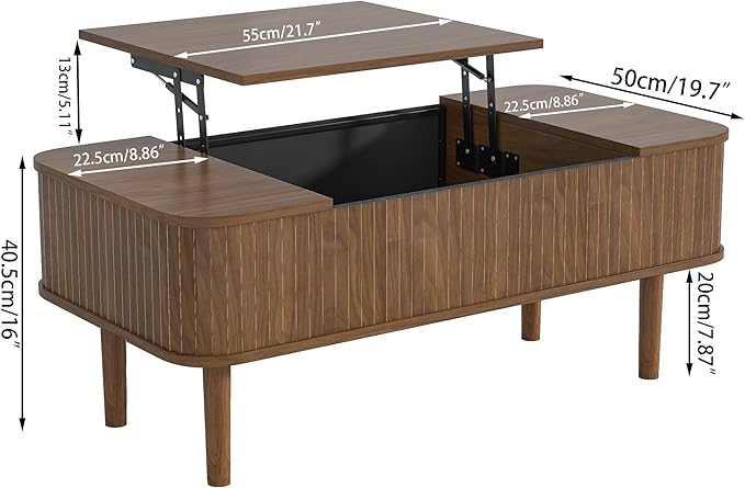 Fluted Lift Top Coffee Table with Storage, Mid Century Modern Coffee Table for Living Room, Home Small Space,39.4" Fluted Center Table (Rectangle-Walnut, 39.4inch)
