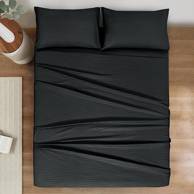 Mejoroom Striped Queen Size Sheet Set - Hotel Luxury 1800 Bedding Sheets & Pillowcases - Deep Pocket Fitted Sheet, Soft, Breathable, Wrinkle & Fade Resistant - 4 Piece (Black)