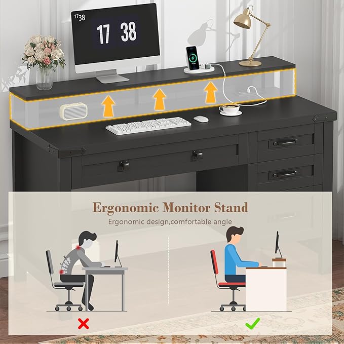 YOMILUVE Farmhouse Computer Desk with Drawers, 47" Small Computer Desk with Power Outlets, Home Office Desk with Monitor Stand & 4 Drawers, Writing Study Table, Black