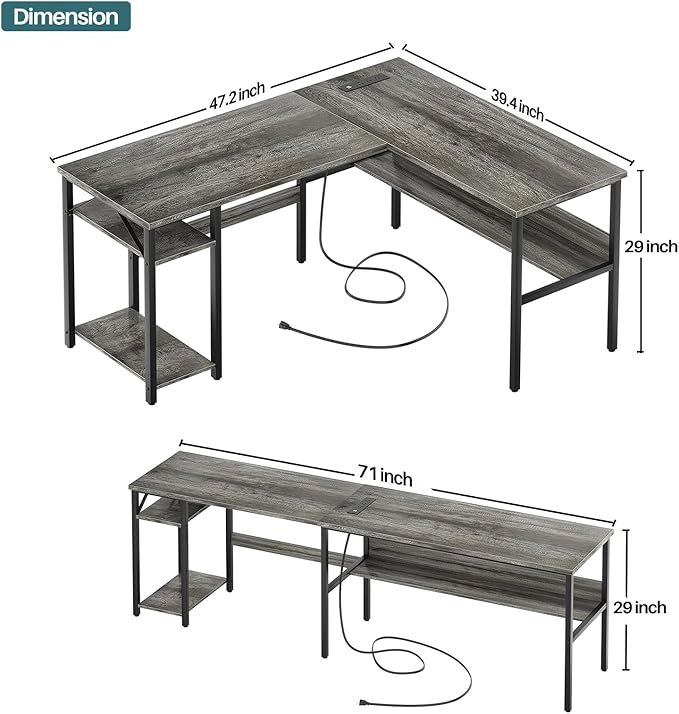Unikito Reversible L Shaped Desk with Magic Power Outlets and USB Charging Ports, Sturdy Corner Computer Desk with Storage Shelves, Gaming Desk for Home Office, Easy to Assemble, Black Oak