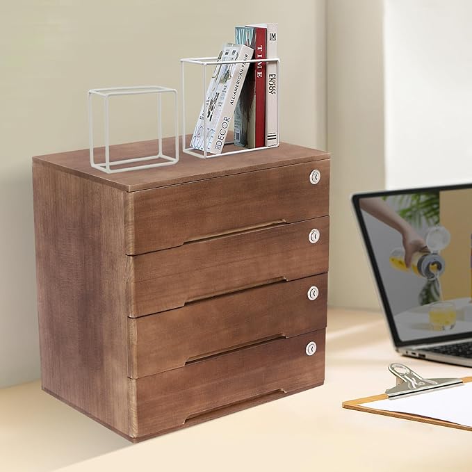 Desktop File Organizer with Lock, 2/3/4 Tier Multi-Drawer Wooden Storage Cabinet, Office Supply Organizer for Home Desk, Study & Workplace (Walnut, 4 Layers)