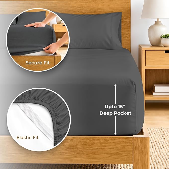 SGI bedding 100% Egyptian Cotton Sheets Queen Size – 600 Thread Count Sheets Set, Soft, Cooling, 15" Deep Pocket, Luxury Hotel Bedding, Breathable, Durable - Dark Grey