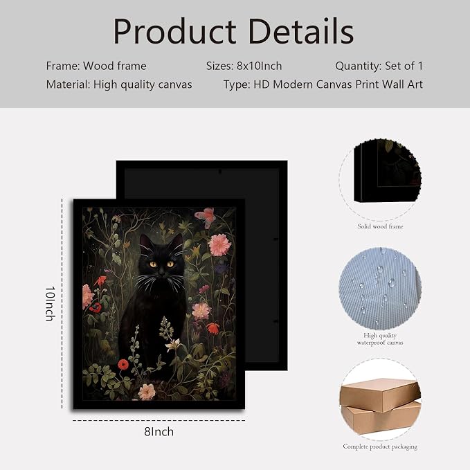 Black Cat Wall Art with Wooden Frame, Vintage Floral Cat Painting, Gothic Dark Academia Framed Picture, Antique Moody Cottagecore Wall Decor Print 8x10 Inch