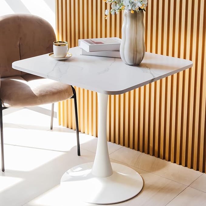 30" Square White Modern Dining Table - Faux Marble Tulip Kitchen Table with Heavy Duty Pedestal Metal Base, Mid-Century Bistro Table for Small Spaces, Apartment, Dining Room, 2-4 People