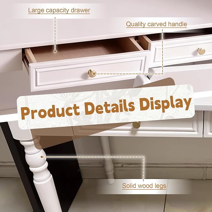 Solid Wood French Country Desk,Writing Desk with Storage Drawers,Farmhouse Computer Table Makeup Table Modern Simple Style,for Home Office Living Room Study Workspace Bedroom (White, 47.2IN)