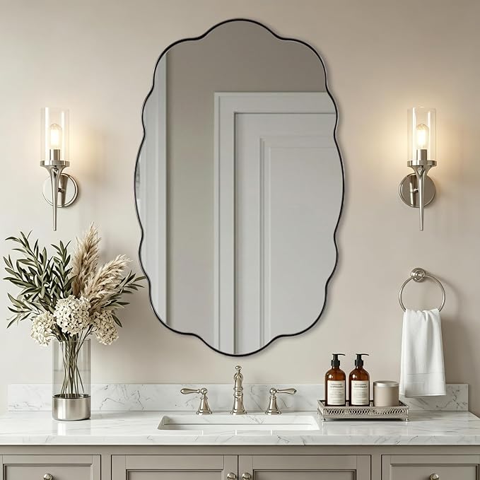 ANDY STAR Brushed Nickel Bathroom Mirror, 30x48 Inch Large Silver Wavy Vanity Mirror, Unique Oval Bathroom Vanity Mirror with Sophisticated Curved Design