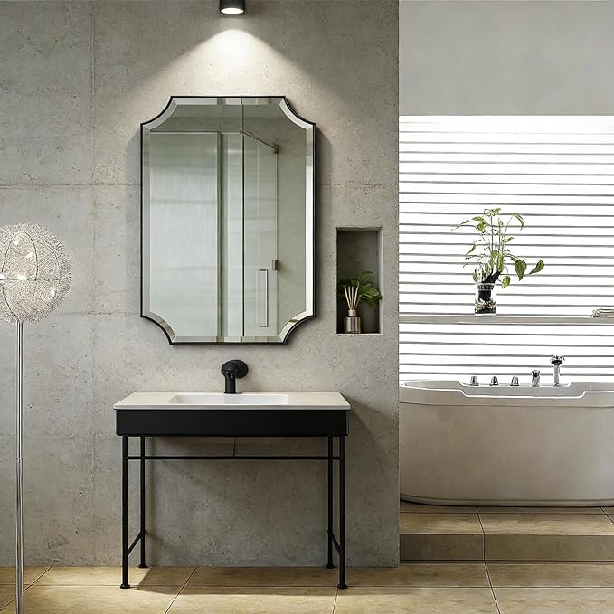 POZINO Rectangle Beveled Mirror, 22"x30" Scalloped Bathroom Mirror for Over Sink, Modern Irregular Shaped Mirrors, Wavy Vanity Wall Mirrors in Premium Frame, Wall Mount Hangs Horizontal Or Vertical