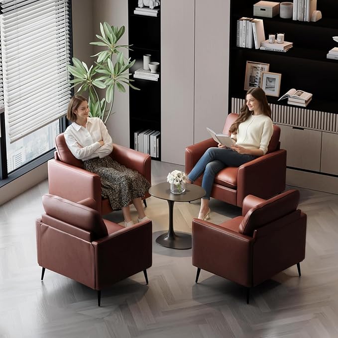 TYBOATLE Accent Chairs Set of 2, Comfy Faux Leather Living Room Chairs, Mid Century Modern Sofa Chairs, Cozy Reading Arm Chair, Armchairs for Bedroom, Office, Living Room (Brown)