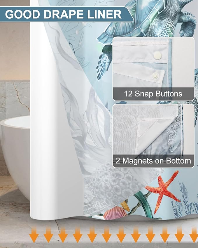 No Hook Shower Curtain with Snap in Liner Set, Coastal Sea Turtle Marine Life Print Shower Curtains for Beach House & Nautical Kids Bathroom, Mesh Top Waterproof Bath Curtain, 71x74 Inch