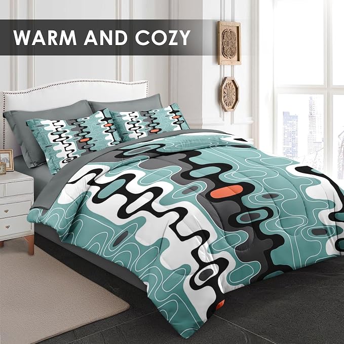 Pamnest Comforter Set Full Size, Mid Century Retro Stripe 7 Pcs Bedding for Kids and Adults, Vintage Geometric Cool Bed Sheet Sets with Fitted Sheet 2 Pillowcases & 2 Shams for Bedroom Bed Decor