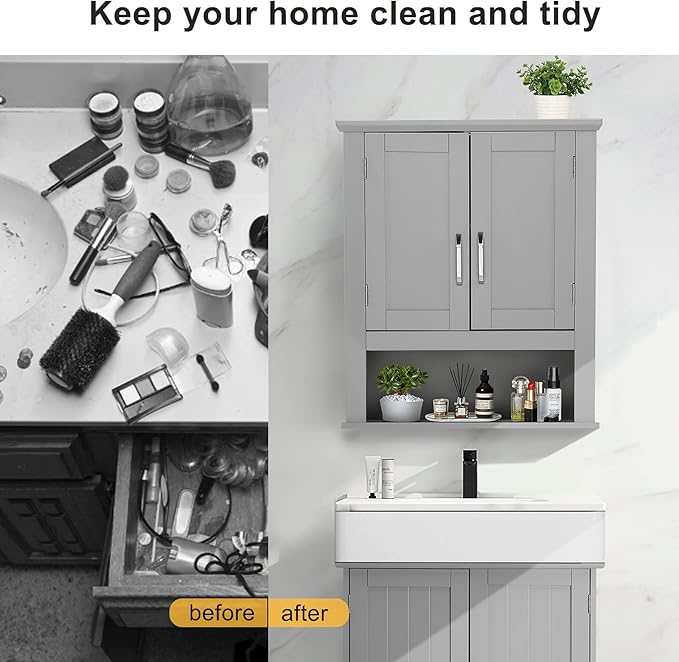 VINGLI Medecine Cabinet with 2 Doors Bathrooom Wall Cabinet Grey Over The Toilet Storage Towel Cabinet 1 Adjustable Shelf Wooden Hanging Organizer Bathroom Furniture