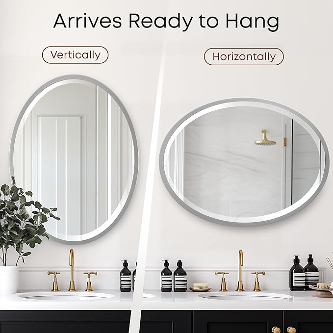 OVALCREST - Oval Wooden Beveled Wall Mirror for Home Decor, Bathroom, Vanity, Bedroom, Living Room, Hallway - London Style (Silver Spray) 41.1 x 31.1