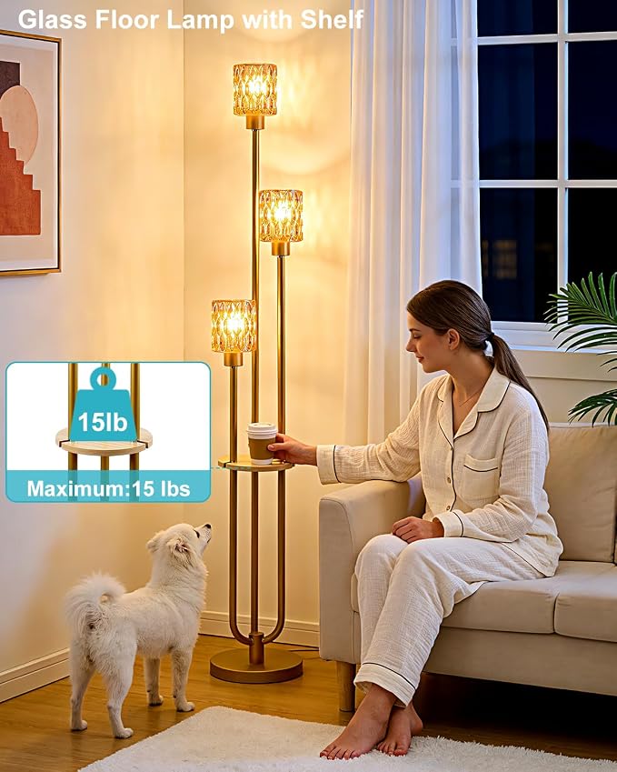 Lightdot 3-Lights Glass Floor Lamp for Living Room Modern Gold Floor Lamp with Amber Glass Shade for Wedding/Party Farmhouse Tall Standing Lamp with 5Lb Heavy Base for Bedroom/Sofa Beside/Corner Decor