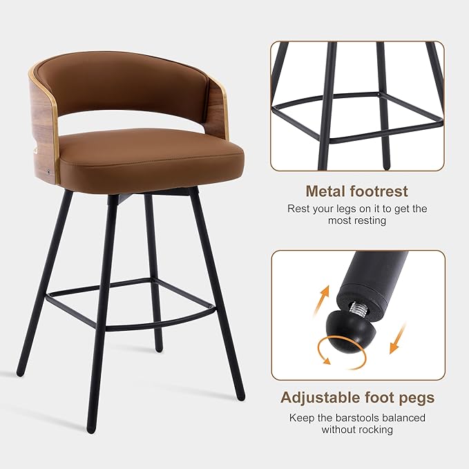 Swivel Bar Stools Set of 3, 26" Counter Height Bentwood Barstool, Upholstered Faux Leather Barstools with Walnut Back, Mid Century Modern Bar Chairs for Kitchen Island, Bar