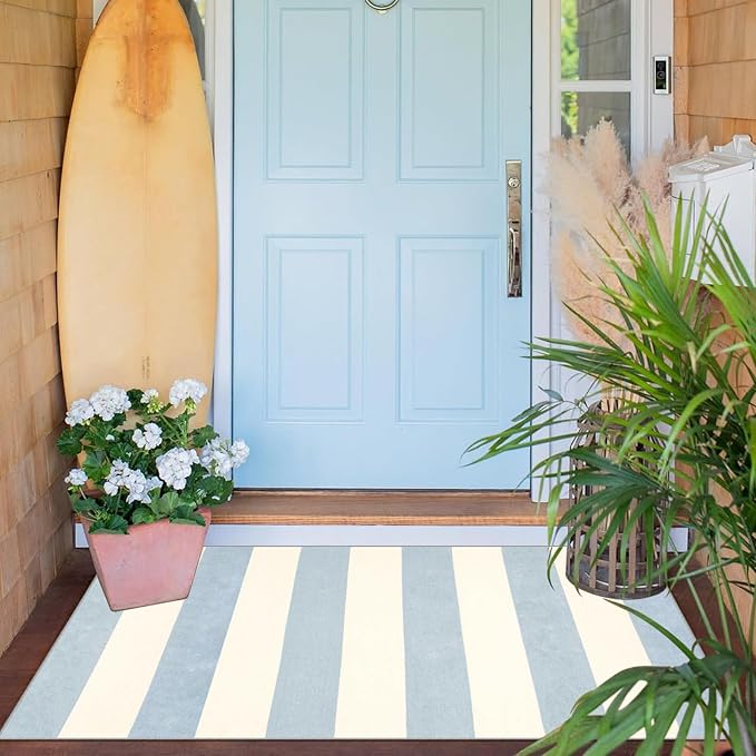 Blue White Striped Outdoor Rug - 28" x 43" Front Door Mat Indoor Outside Entrance Non-Slip Washable Summer Welcome Mat for Front Door Coastal Rug for Entryway Kitchen Bedroom Porch Decor