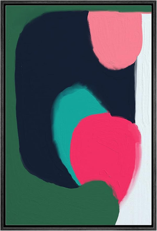 MUDECOR Framed Canvas Print Wall Art Pink Green Paint Stroke Collage Abstract Shapes Illustrations Minimalism Decorative Relax/Zen Colorful Nordic for Living Room, Bedroom, Office - 16"x24" Black