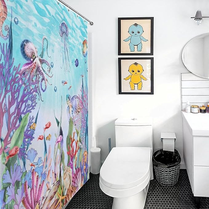 Nautical Coastal Shower Curtain,Ocean Themed Coral Seashell Beach Starfish Seahorse Summer Blue Underwater Animal Polyester Fabric Bathroom Decor Set with Hooks,72x84Inch