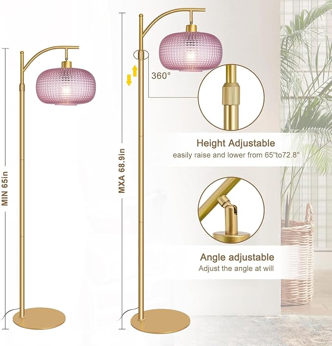 Glass Floor Lamp for Living Room, Modern Tall Standing Lamp with Pink Glass Lamp Shade, Dimmable Gold Tall Floor Lamp for Bedroom Office with Remote Control, 1 x 12W LED Bulbs Included