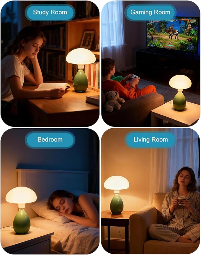 Lightdot Mushroom Lamp, Ceramic Bedside Table Lamp for Bedroom Nightstand, Retro Vintage Green Night Light, Small Aesthetic Lamp for Living Room Desk Home Decor, LED Bulb Included