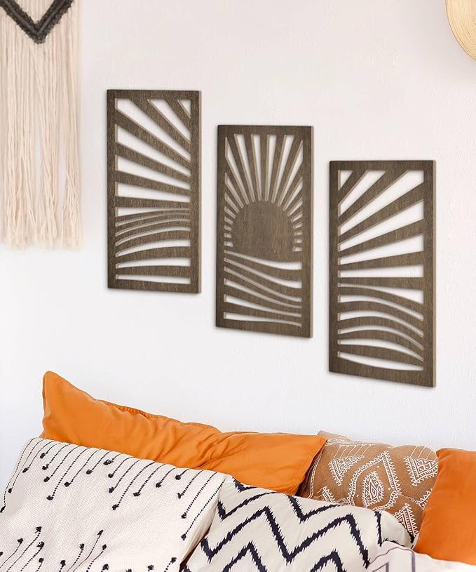 Putuo Decor Wooden Mid-Century Modern Wall Art Set of 3, Sunrise Landscape Wall Decor Nature-Inspired Geometric Artwork for Living Room Bedroom Entryway Dark Brown Modern Wall Sculpture