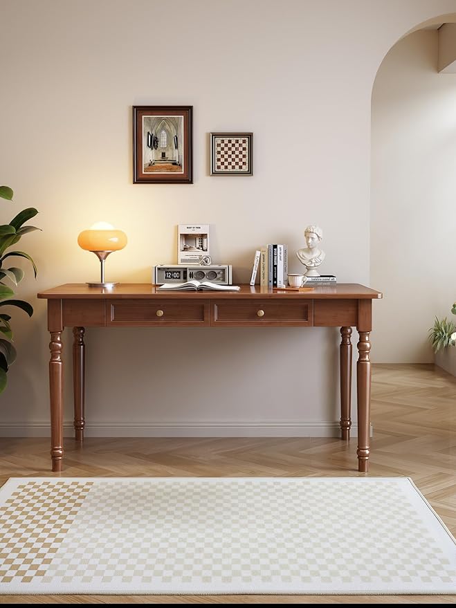 French Country Style Walnut Writing Desks with Drawers, 47" Solid Wood Farmhouse Computer Table for Home Office, Living Room Study or Workspace (Walnut)
