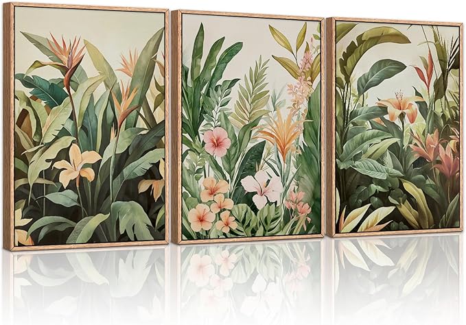 HLNIUC Boho Tropical Leaves Wall Art,Modern Abstract Floral Canvas Wall Decor Set of 3(16”x24”) Green Plant Banana Leaf Painting,Tropical Botanical Jungle Art Print for Living Room,Bedroom,Office