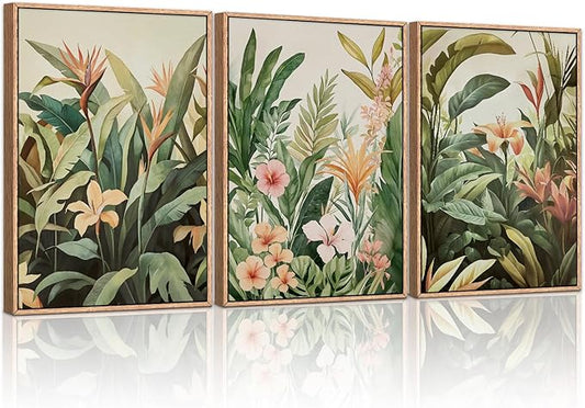 HLNIUC Boho Tropical Leaves Wall Art,Modern Abstract Floral Canvas Wall Decor Set of 3(16”x24”) Green Plant Banana Leaf Painting,Tropical Botanical Jungle Art Print for Living Room,Bedroom,Office
