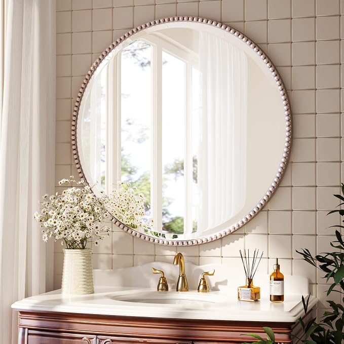 24 Inch Round Bathroom Mirror - Luxurious Retro Beaded Circle Decorative Wall Mirror with PU Frame Hanging Leaning as Art Decor for Entryway, Bedroom, Living Room, Hallway, Silver