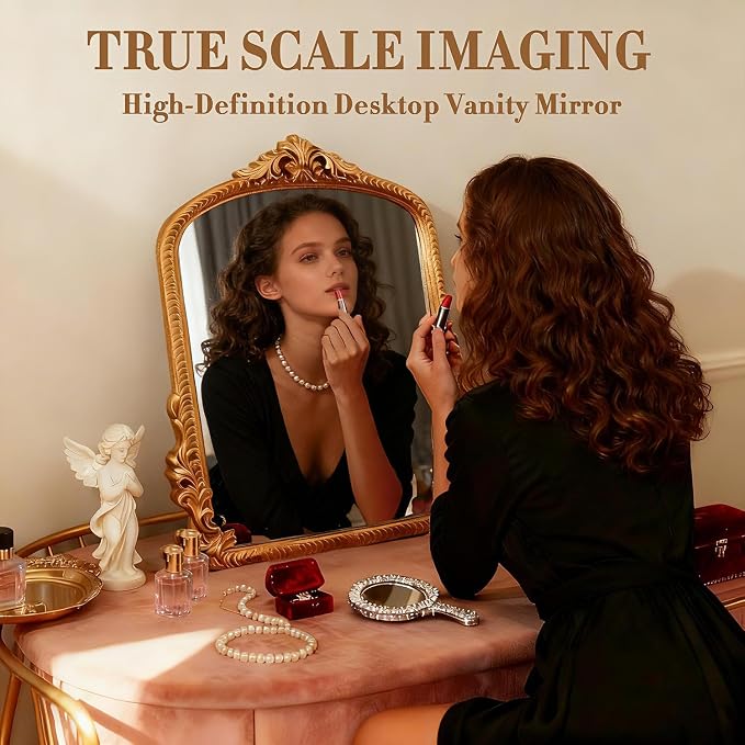 YUSONG Vintage Desk Mirror – 12" Gold Antique Tabletop Mirror with Resin Frame, Decorative Wall Art for Living Room Bedroom Vanity Desk Decor, Birthday Gift