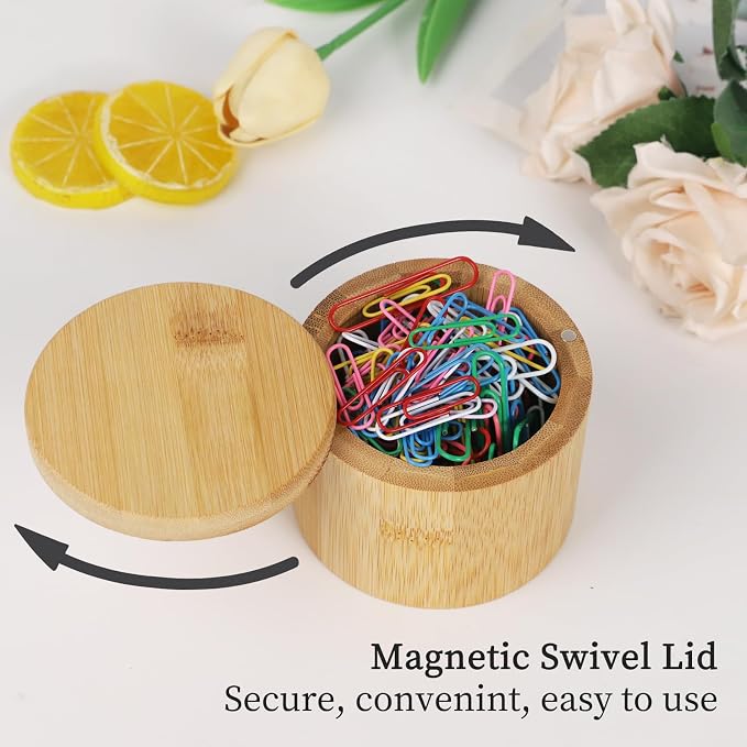 MultiBey Bamboo Desk Organizer Set, Magnetic Rotating Paper Clip Holder with Lid, Wood Tape Dispenser with Refills, Sticky Note Holder for Office & Home Desk Supplies (3-Piece Set)