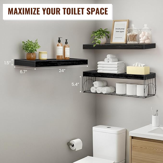 3 Pack Bathroom Shelves 24 inches Long Over Toilet, Wall Mounted Rustic Wood Floating Shelves for Bathroom, Toilet Paper Storage, Small Farmhouse Decor Hanging Shelf for Living Room, Kitchen, Black