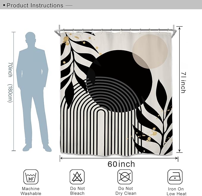 Miyotaa Abstract Black Geometric Shower Curtain Set 60Wx71H Inches Minimalist Aesthetic Modern Simple Contemporary Plant Leaves Neutral Waterproof Bathroom Curtain with 12 Hooks