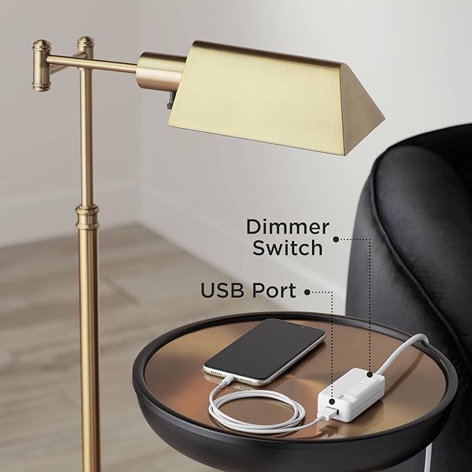 360 Lighting Dawson Traditional Farmhouse Pharmacy Lamps Floor Standing with USB Charging Port 55" Tall Brass Gold Metal Dome Shade Adjustable Boom Arm for Living Room Reading House Bedroom Office