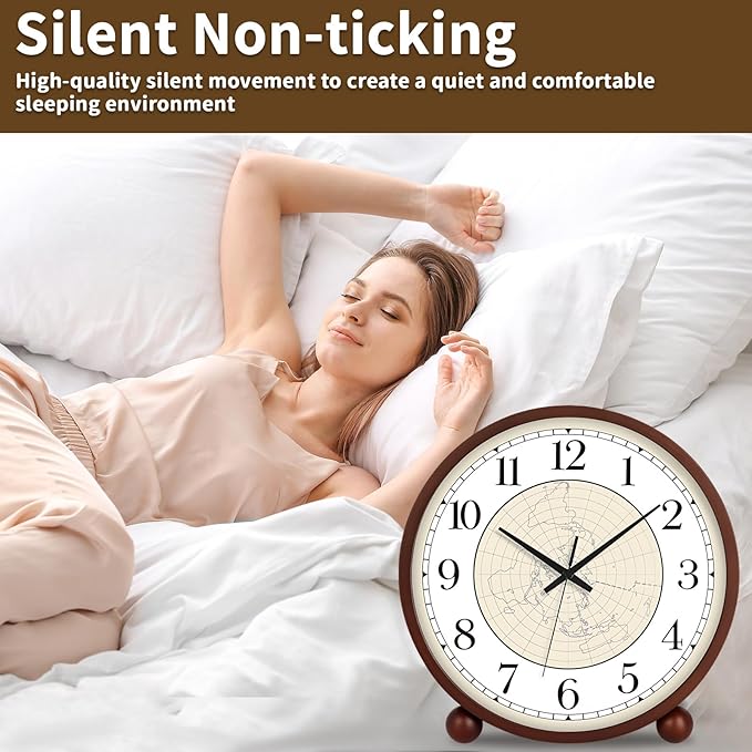 Maxspace Wooden Table Clock,8in Silent Non-Ticking Desk Clock,Battery Operated Desktop Analog Clock for Living Room Bedroom Kitchen Office Classroom Decor (Walnut - Map)