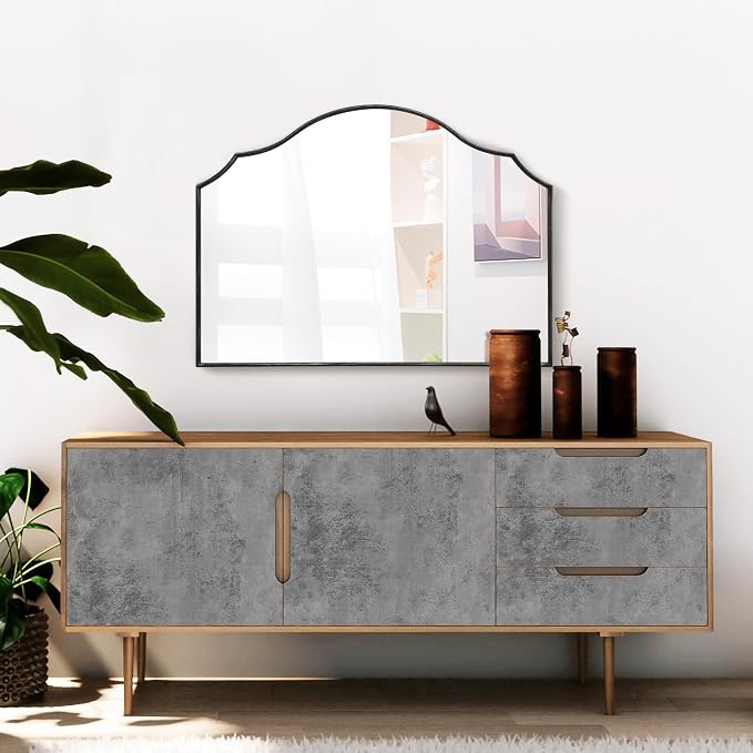 Besdomus Scalloped Arched Mirror for Vanity: 32"x24" Black Modern Minimalist Wooden Wall Mirror - Decorative Dresser Wall for Mantel/Bedroom/Entryway/Hallway - Ideal for 30-60 Age Fashion Women