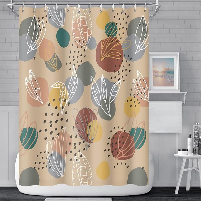 Abstract Mid Century Boho Leaves Colorful Geometric Pattern Shower Curtain Washable Polyester Durable Fabric Aesthetics Bath Shower Curtain with Hooks, 60x72 Inch