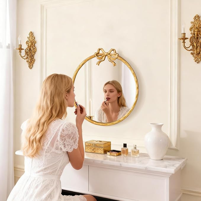 32 Inch Vintage Gold Round Wall Mirror, Antique Ornate Metal Circle Mirror with Baroque Bow Decor for Bathroom Vanity, Bedroom, Living Room, Hallway (Gold, 32" Lx32 W)