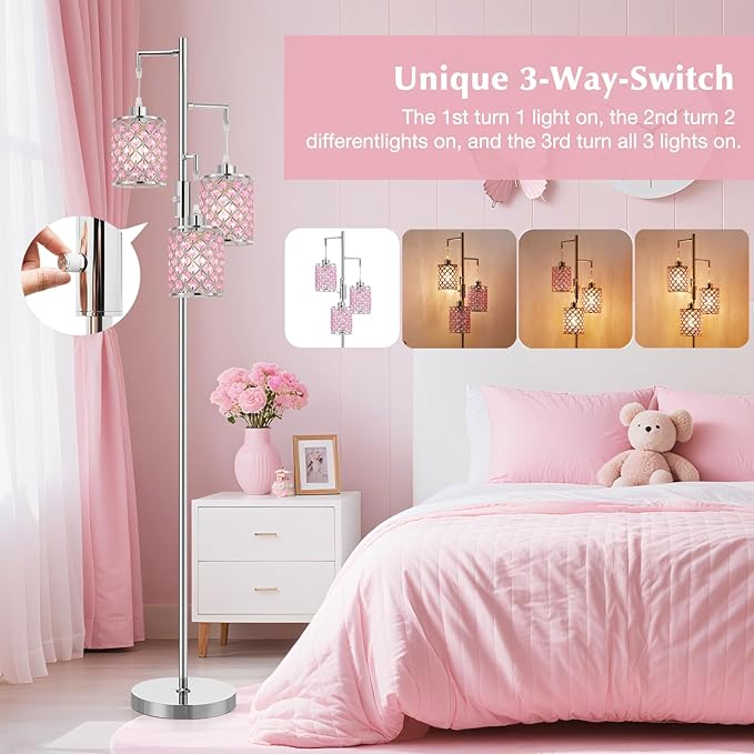 GyroVu Pink Crystal Floor Lamp, 3-Light Standing Tall Lamp with Sparkling K9 Crystal Shade, Rotary Switch, Easy Assemble Lamps for Living Room, Bedroom, Home Office, Girls Room
