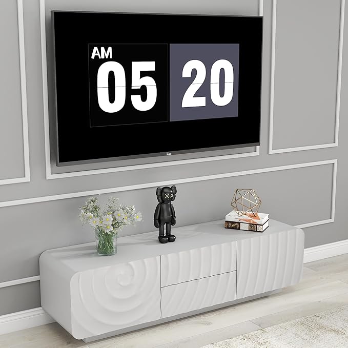 LKTART 58'' TV Stand with Storage & 2 Drawers, Modern TV Console with Water Ripple Door Panels Mid-Century Credenza Sideboard Buffet Cabinet for Kitchen & Living Room (White)