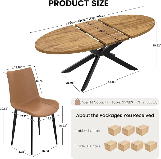 63"-78.7" Extendable Round Dining Table Set for 6, 7 Piece Mid Century Modern Oval Kitchen Table Set, Large Dining Table with 6 Chairs for Living Room Space Saving（Walnut Table+6 Brown Chairs)